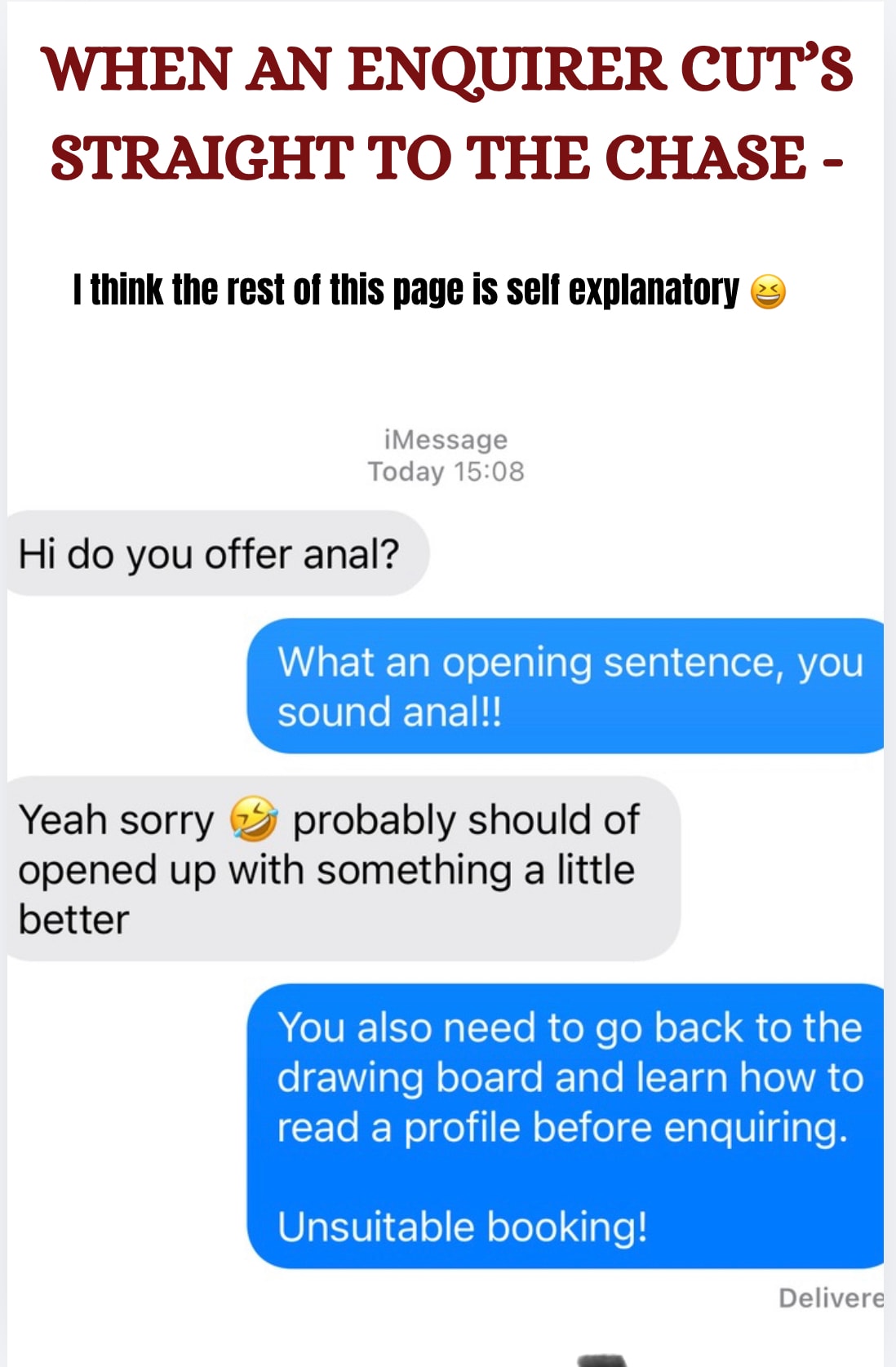 Sample page from Unsuitable Booking — real escorting enquiry and Hannah's reply